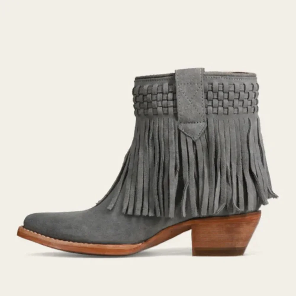 NEW FRYE Nubuck Leather Sacha Short Fringe Boots Steel Blue for women 2511 15M8 - Picture 2 of 9